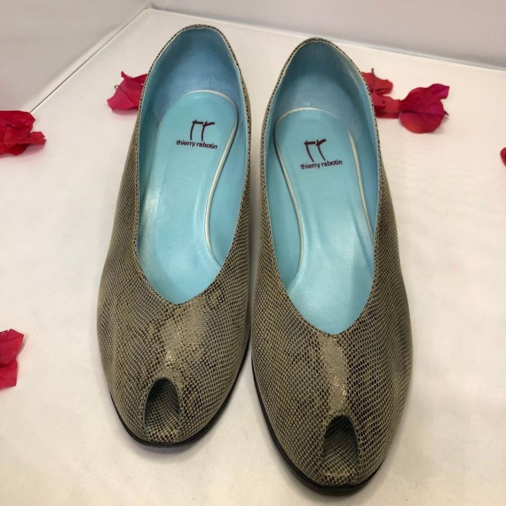 sz 40 Italian Shoes Thierry Rabotin Luxury Brand Peeptoe Leather Block Heels Sho